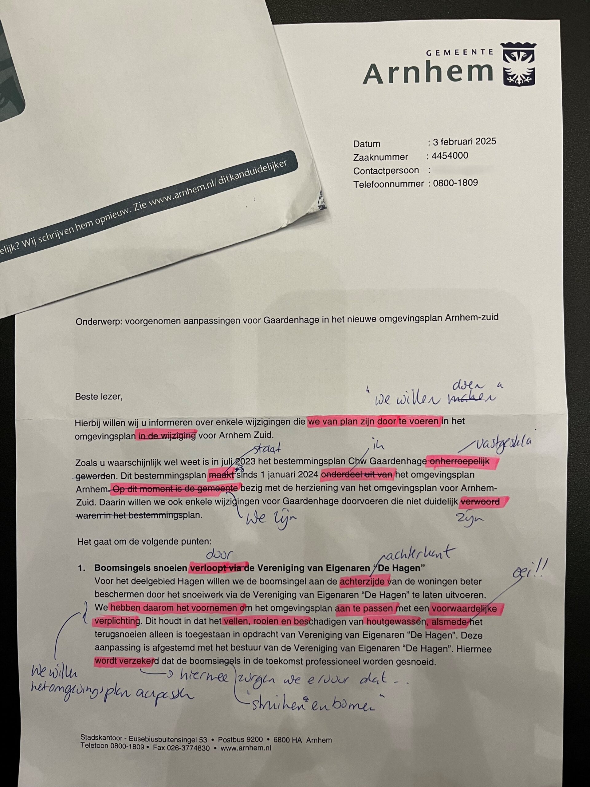 Brief van de Gemeente Arnhem over het veranderen van het omgevingsplan.