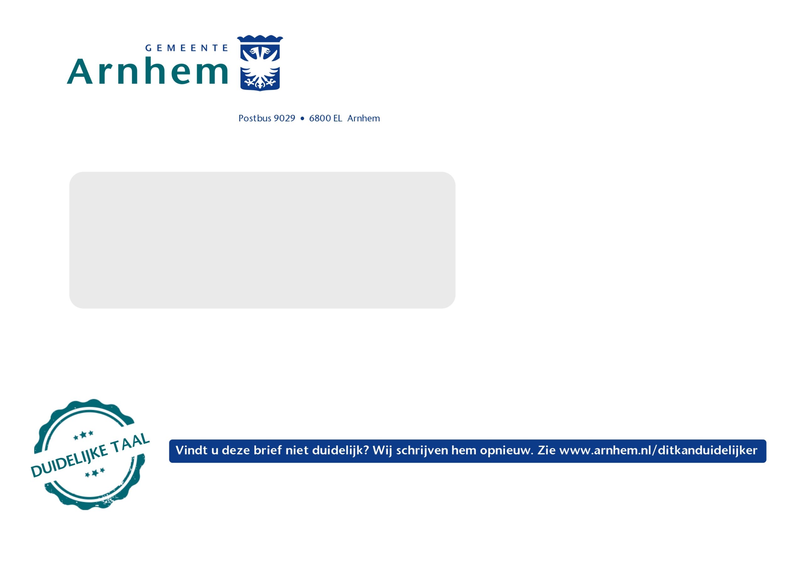 Envelop van de Gemeente Arnhem met een verwijzinging naar arnhem.nl/ditkanduidelijker
