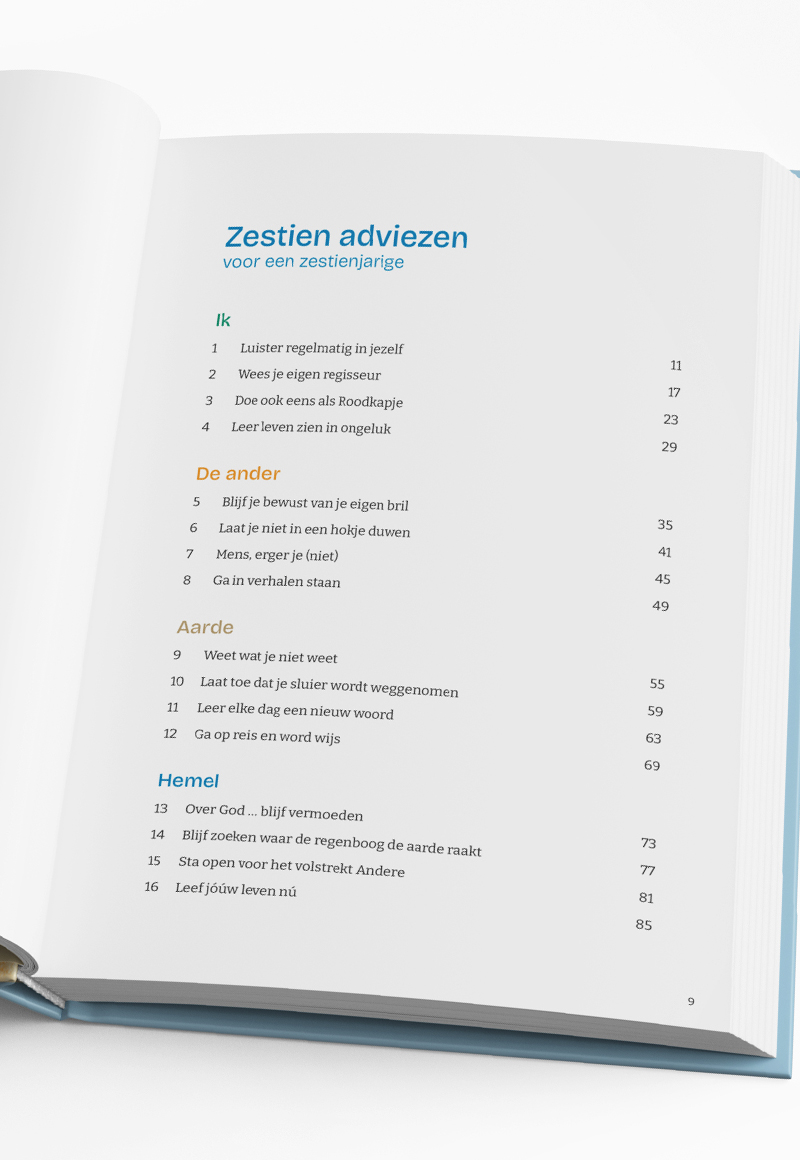 De inhoudsopgave van Zestien adviezen voor een zestienjarige